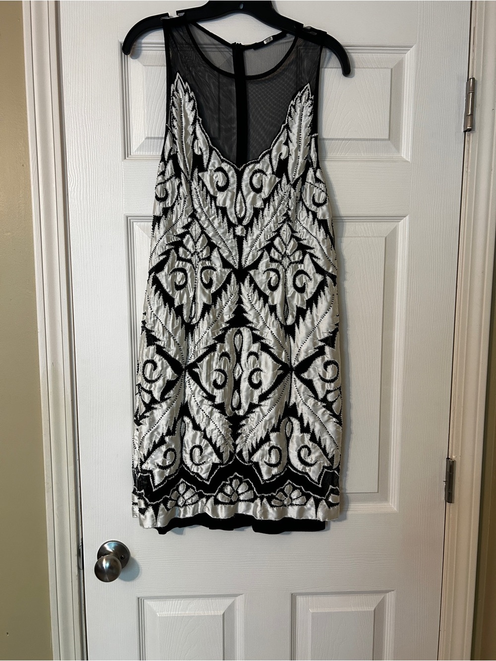 Sleeveless Black and White Beaded Sheath Dress